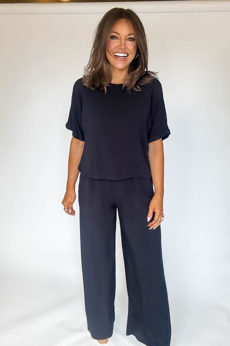 Blissfully Chill Days Black Woven Short Sleeve Top