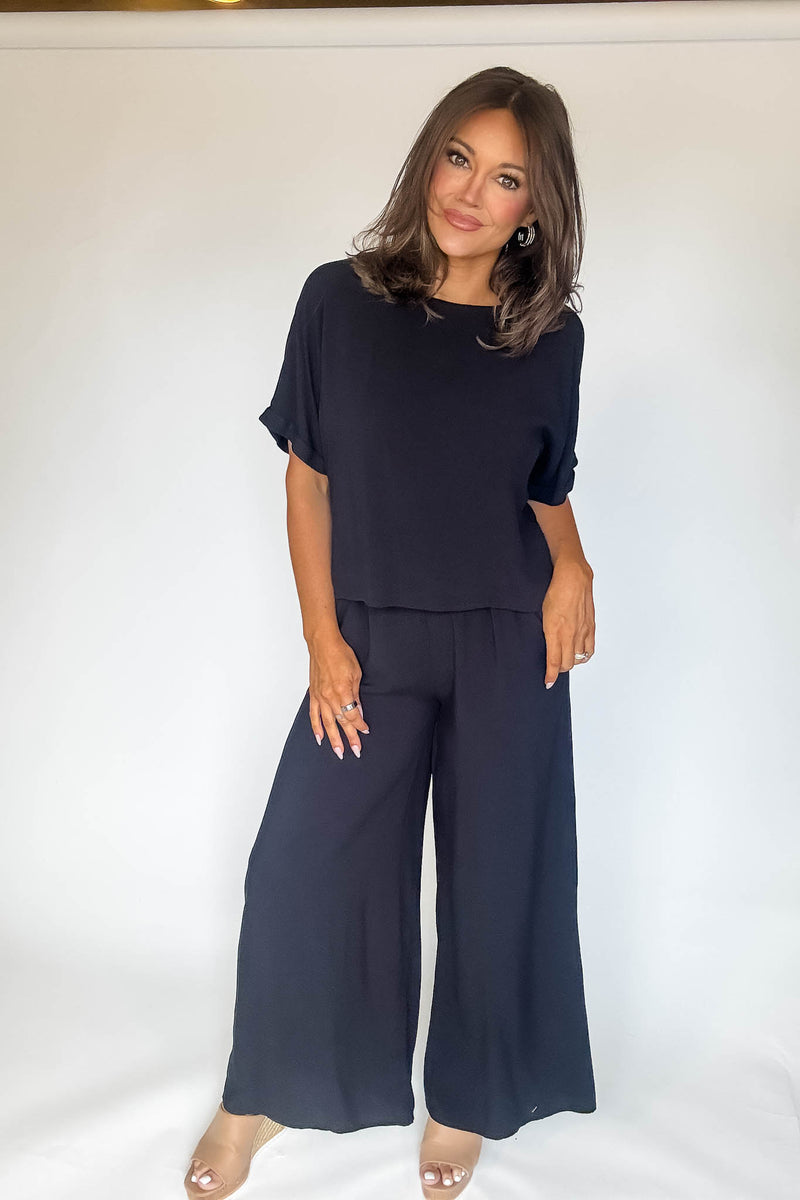 Blissfully Chill Days Black Woven Short Sleeve Top