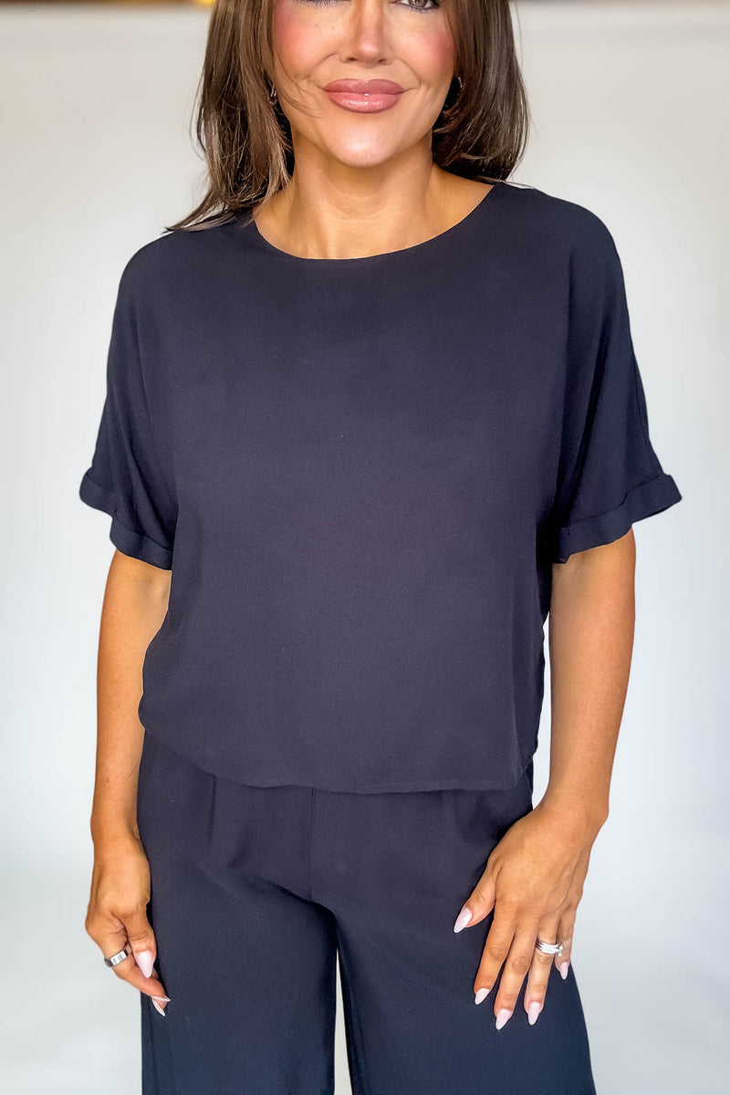 Blissfully Chill Days Black Woven Short Sleeve Top