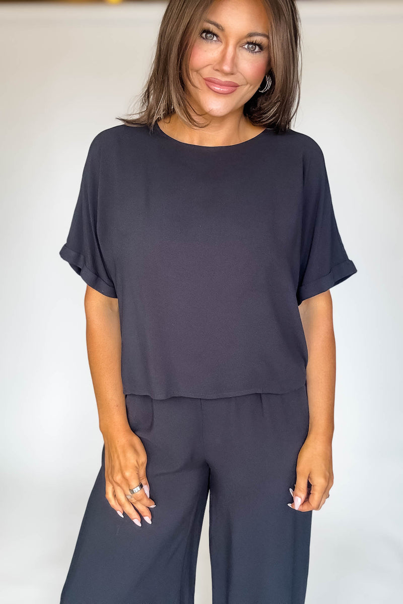 Blissfully Chill Days Black Woven Short Sleeve Top