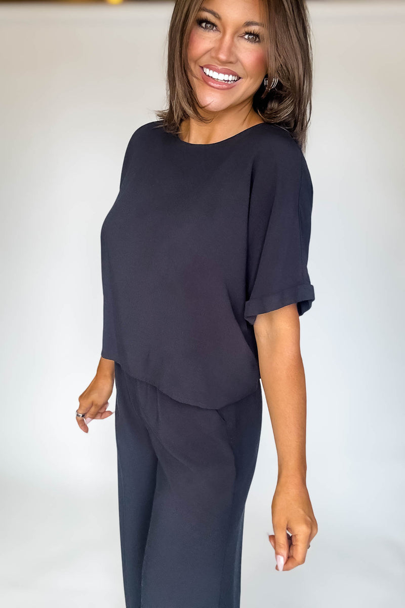 Blissfully Chill Days Black Woven Short Sleeve Top