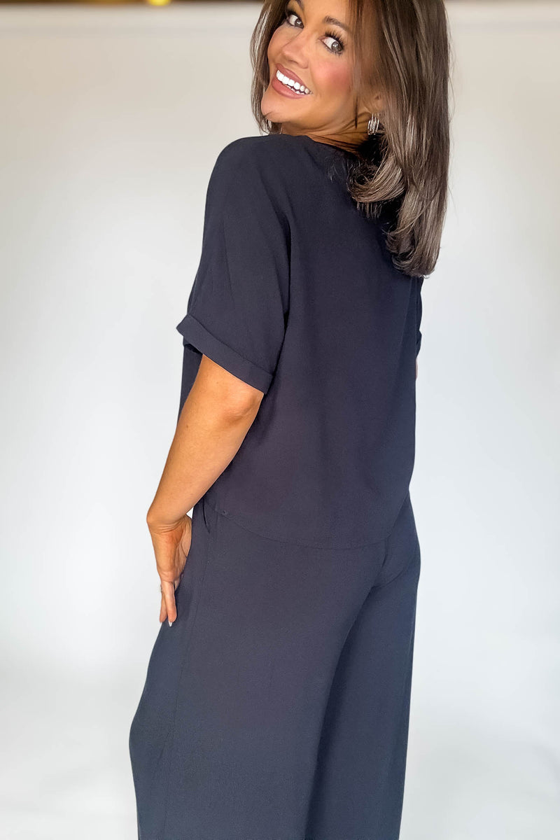 Blissfully Chill Days Black Woven Short Sleeve Top