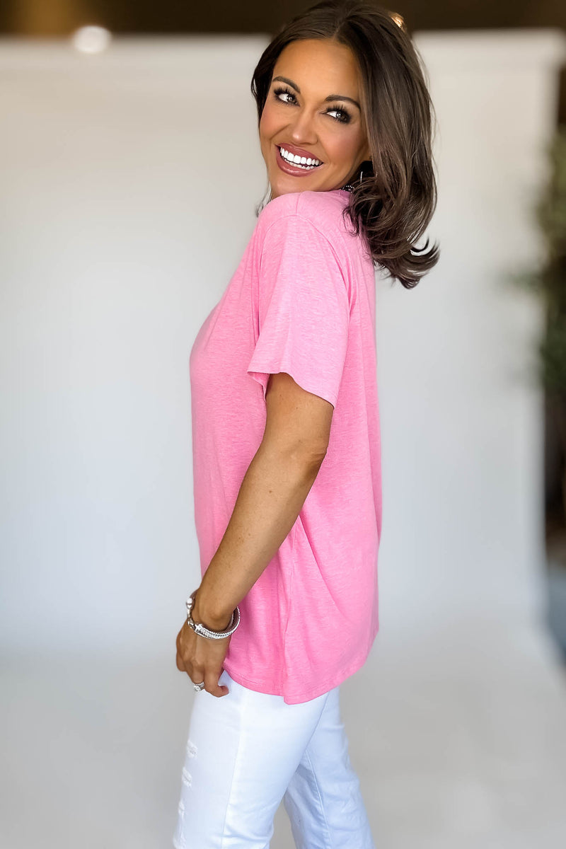 Just Relax Boyfriend Heather Fuchsia V-Neck Tee