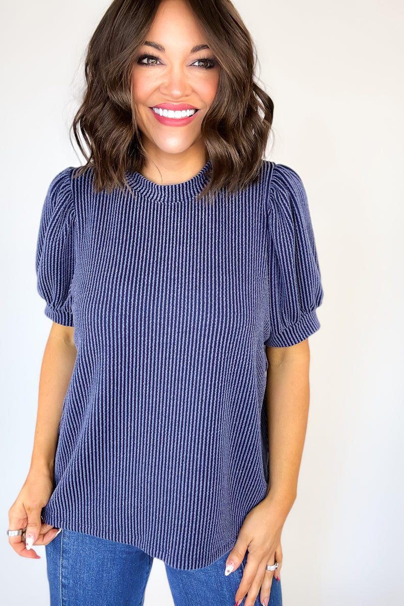 Raised Rib Puff Sleeve Navy Top