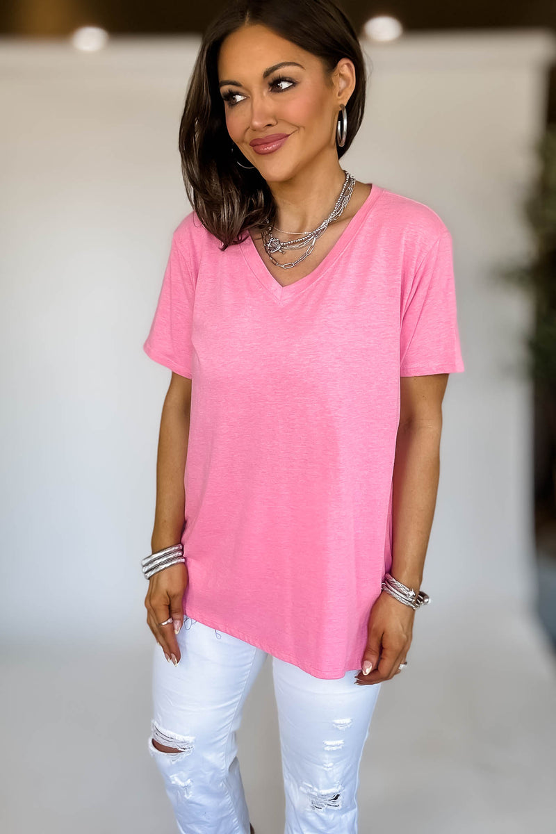 Just Relax Boyfriend Heather Fuchsia V-Neck Tee