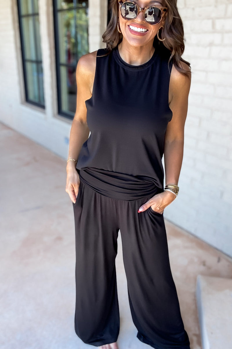 Shirred and Gathered Black Back Flow Tank Top