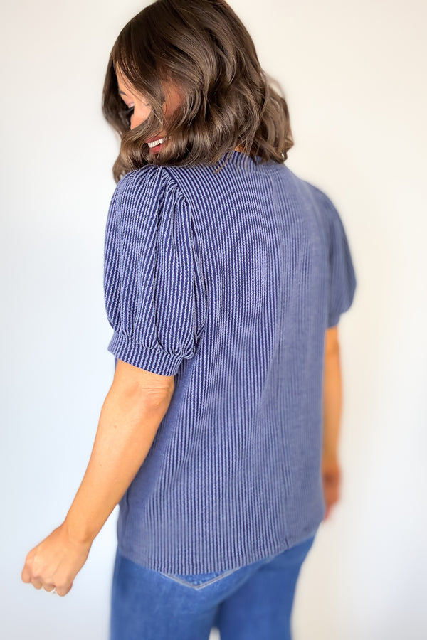 Raised Rib Puff Sleeve Navy Top