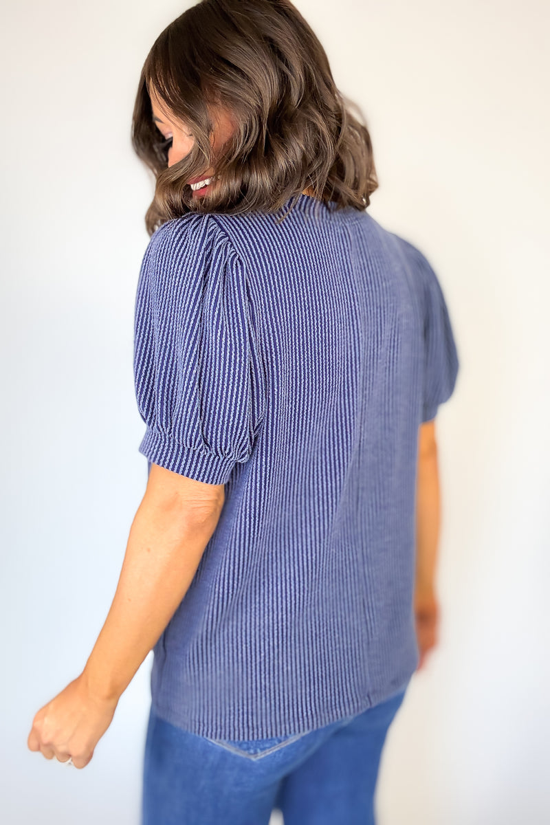 Raised Rib Puff Sleeve Navy Top