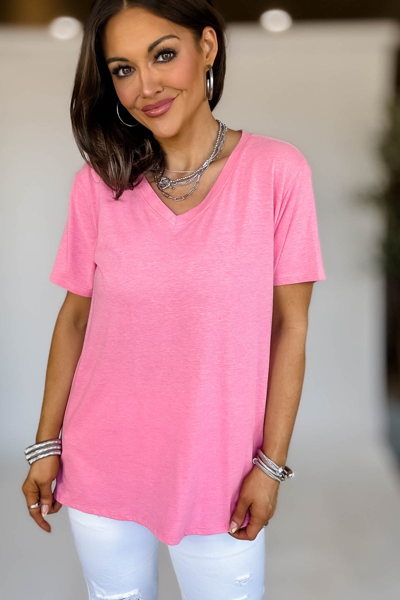 Just Relax Boyfriend Heather Fuchsia V-Neck Tee