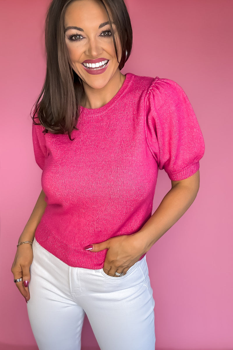 Perfect Hot Pink Melange Puff Short Sleeve Sweater