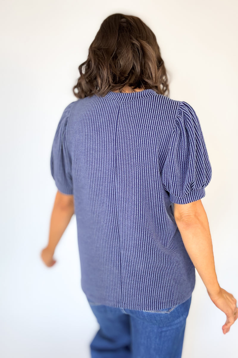 Raised Rib Puff Sleeve Navy Top