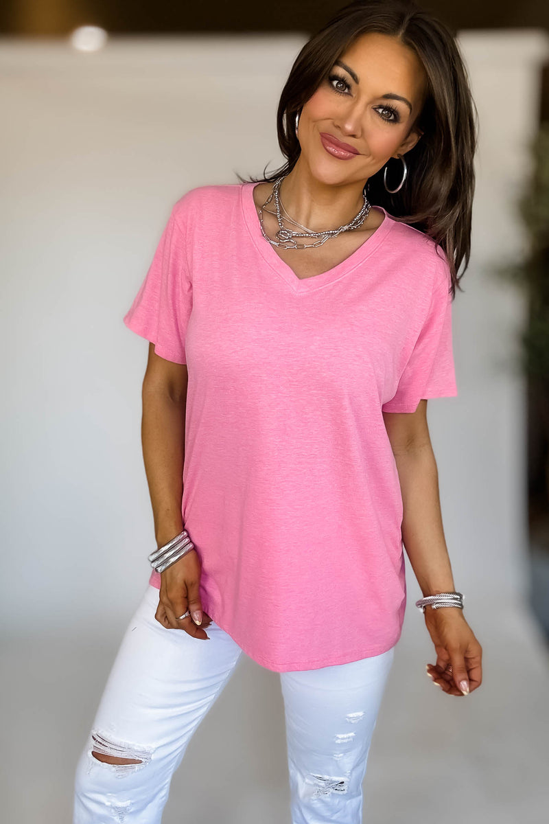 Just Relax Boyfriend Heather Fuchsia V-Neck Tee