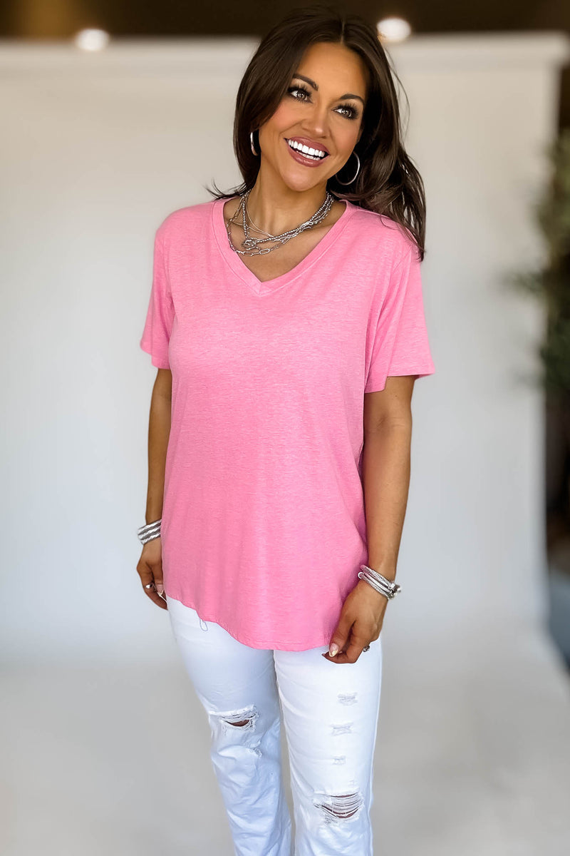 Just Relax Boyfriend Heather Fuchsia V-Neck Tee