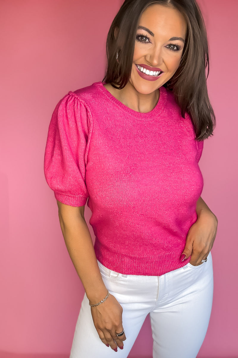 Perfect Hot Pink Melange Puff Short Sleeve Sweater