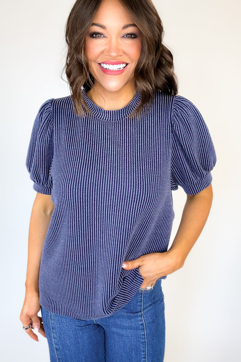 Raised Rib Puff Sleeve Navy Top