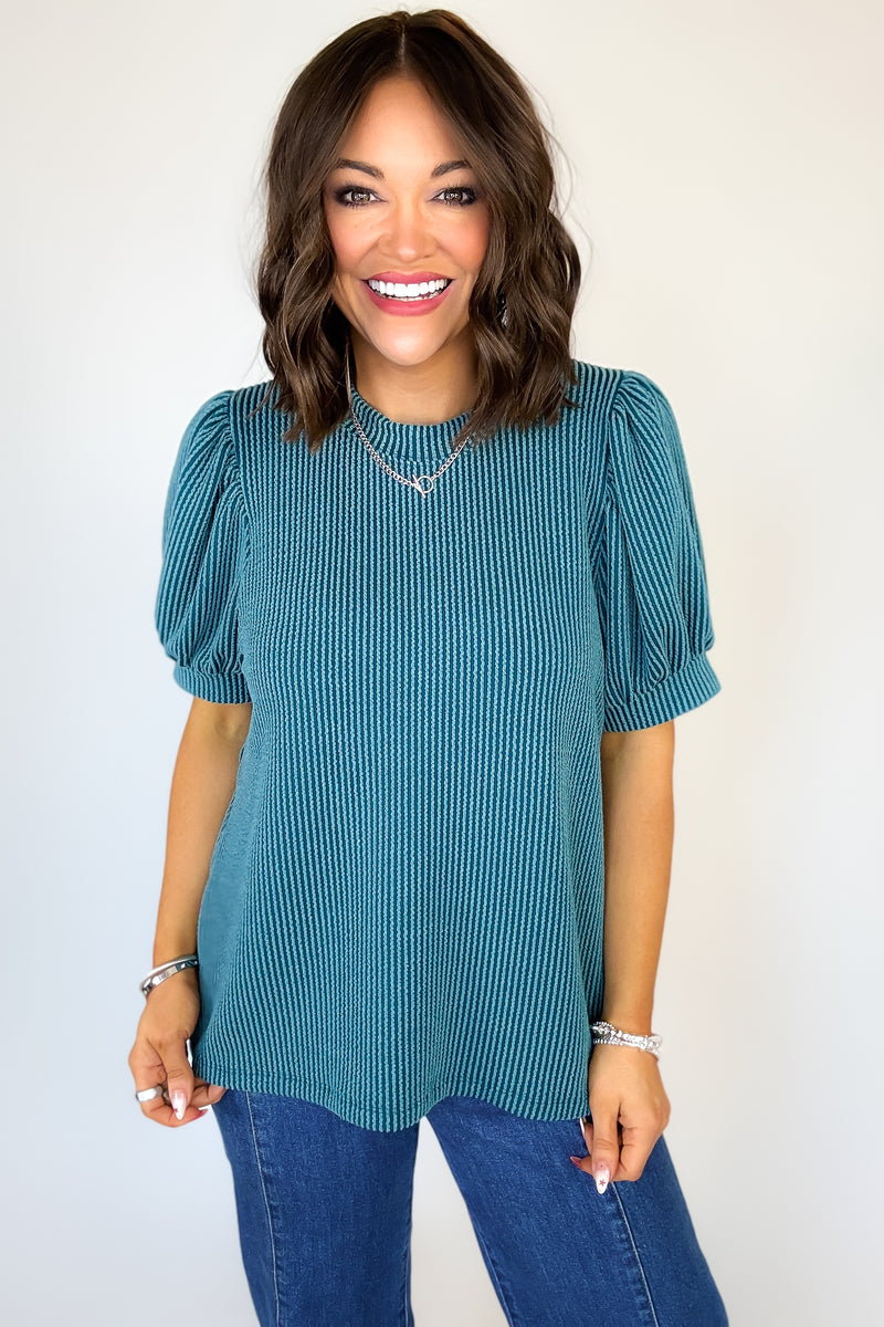 Raised Rib Puff Sleeve Teal Top