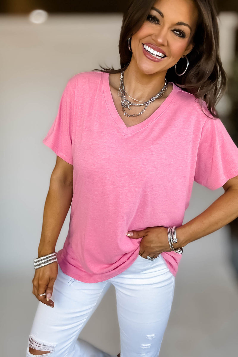 Just Relax Boyfriend Heather Fuchsia V-Neck Tee