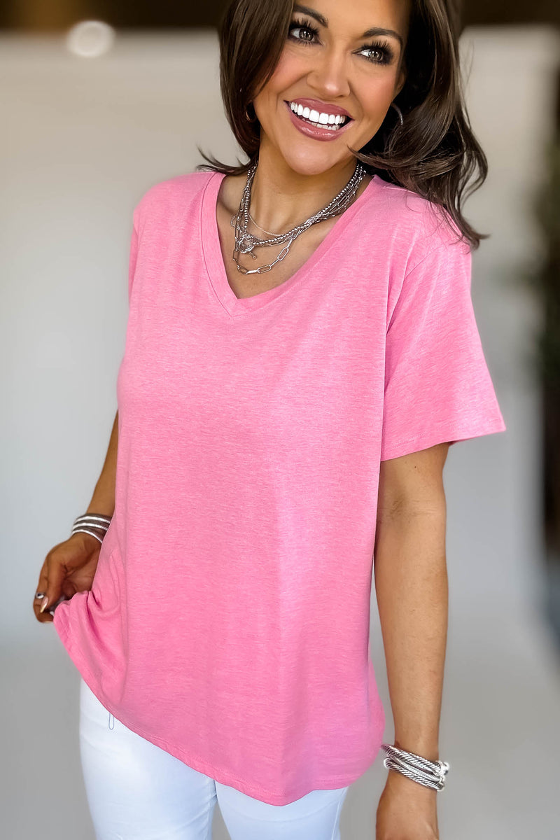 Just Relax Boyfriend Heather Fuchsia V-Neck Tee