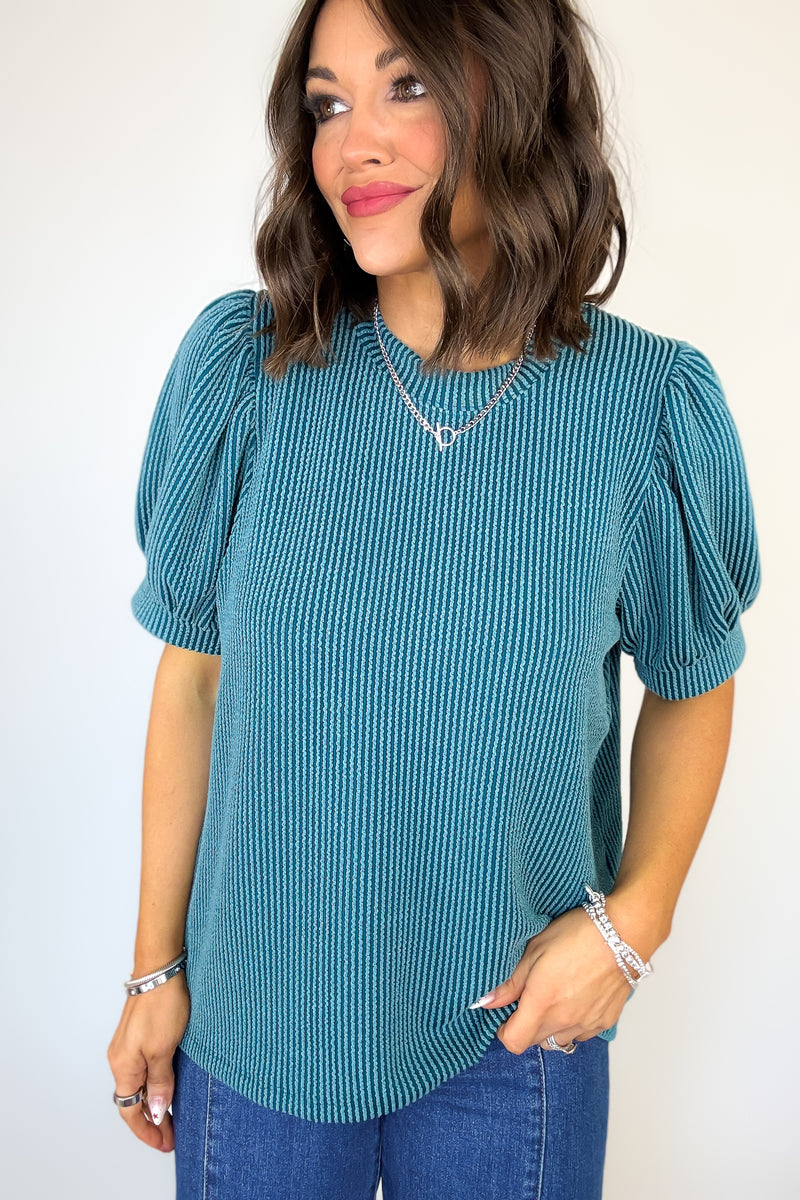 Raised Rib Puff Sleeve Teal Top