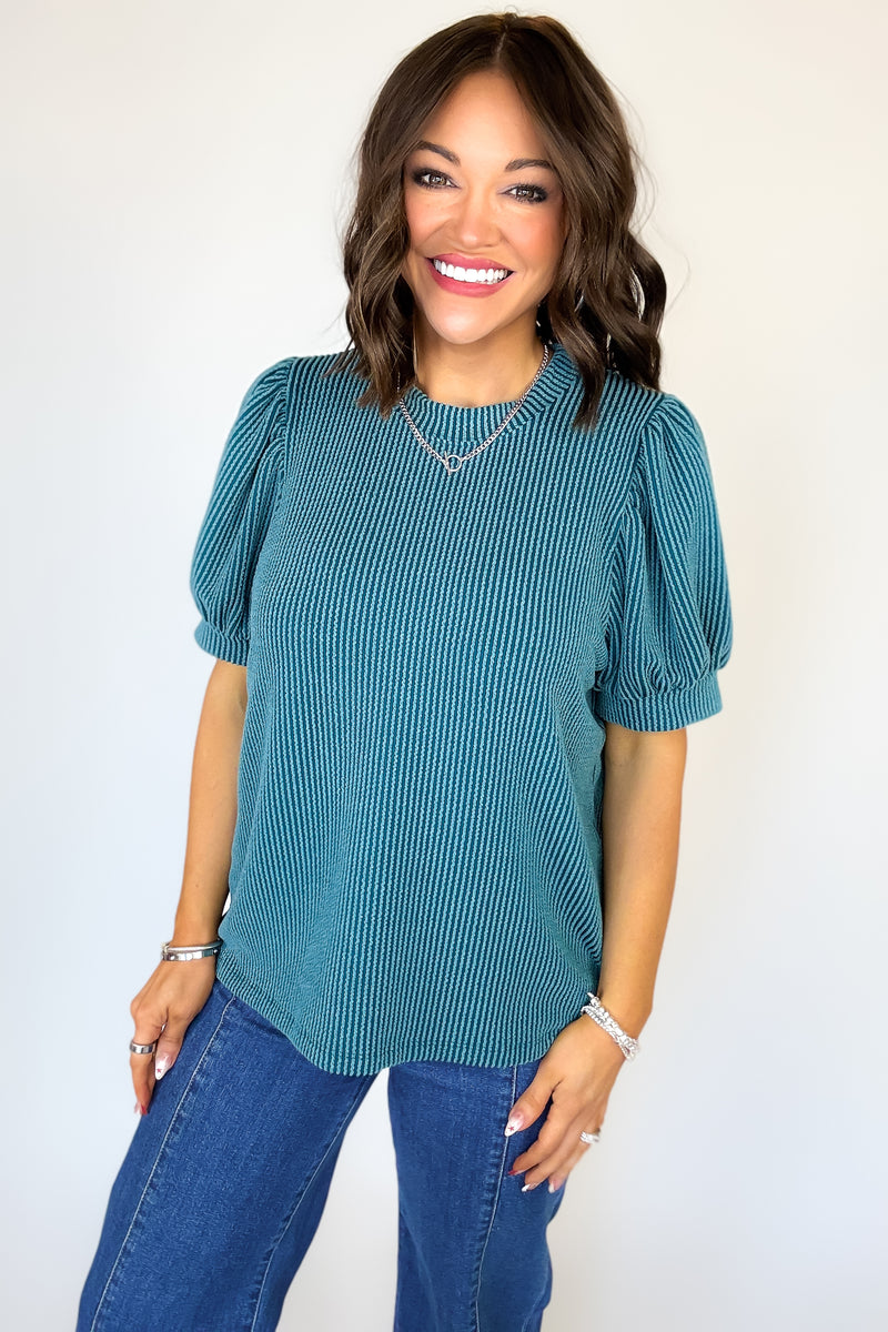 Raised Rib Puff Sleeve Teal Top