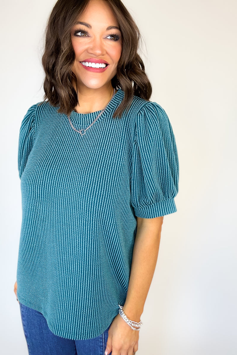 Raised Rib Puff Sleeve Teal Top