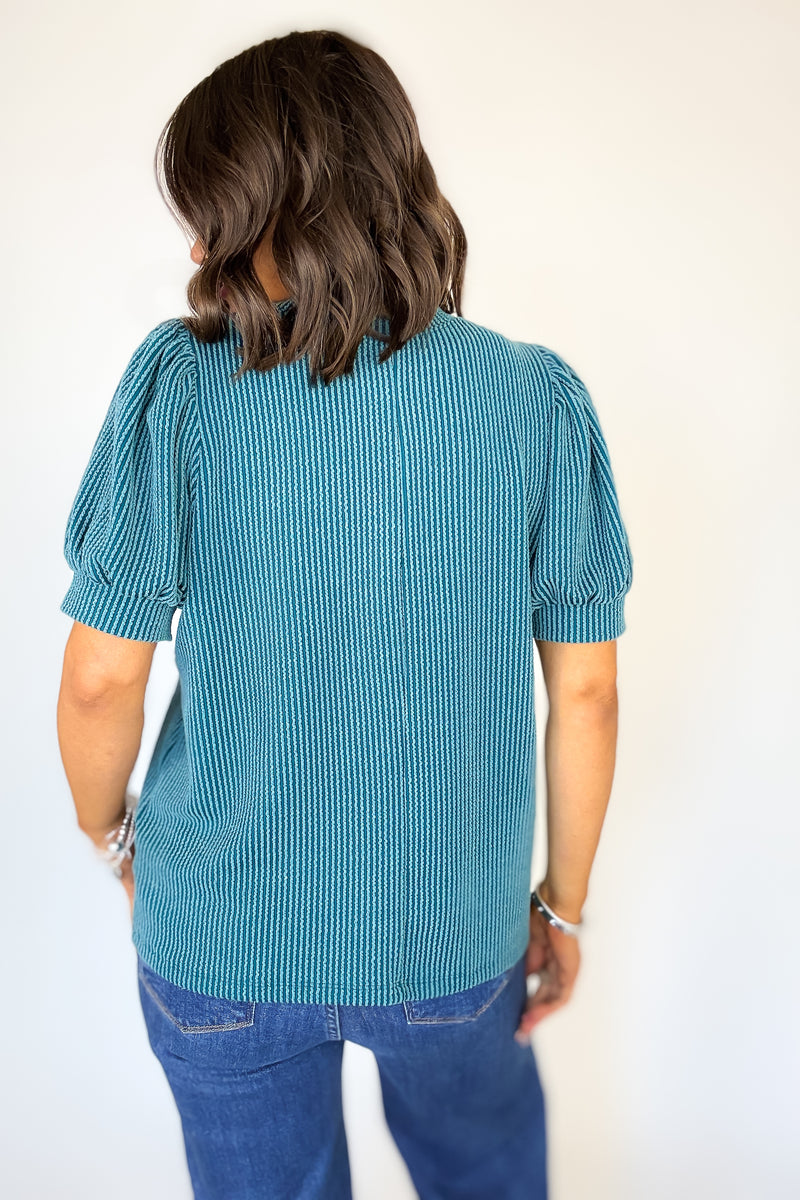 Raised Rib Puff Sleeve Teal Top