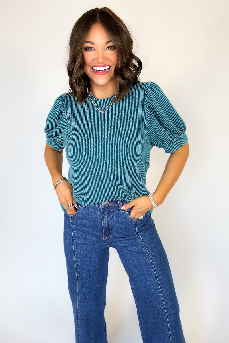 Raised Rib Puff Sleeve Teal Top
