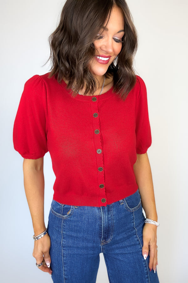 Ruby Red Puff Sleeve Sweater Cardigan