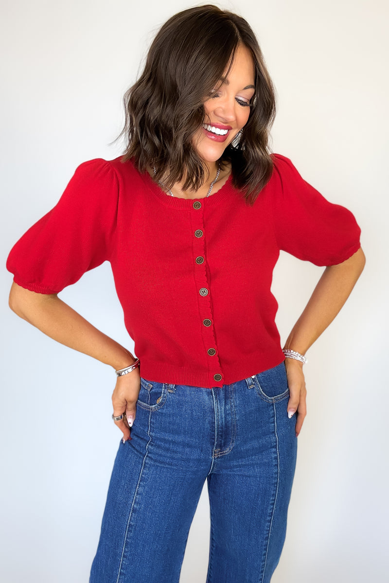 Ruby Red Puff Sleeve Sweater Cardigan