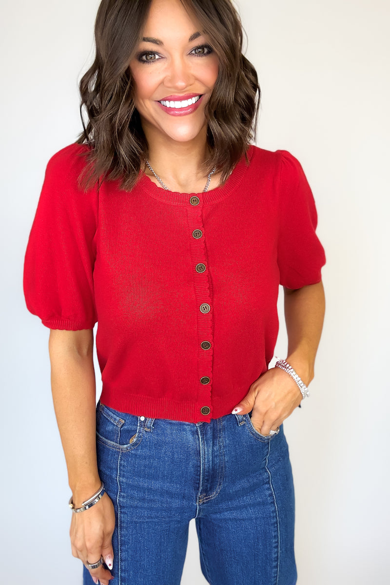 Ruby Red Puff Sleeve Sweater Cardigan