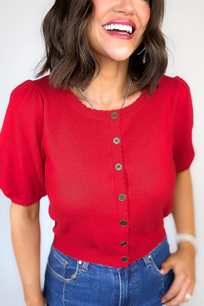 Ruby Red Puff Sleeve Sweater Cardigan