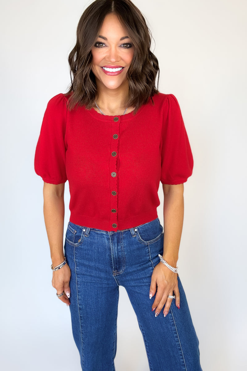 Ruby Red Puff Sleeve Sweater Cardigan