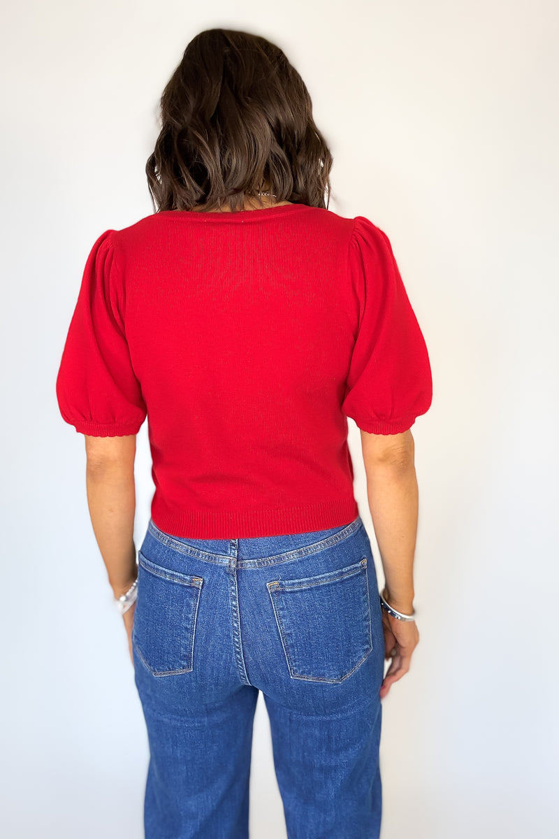 Ruby Red Puff Sleeve Sweater Cardigan
