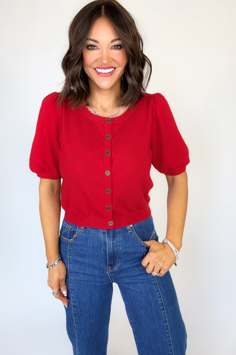 Ruby Red Puff Sleeve Sweater Cardigan