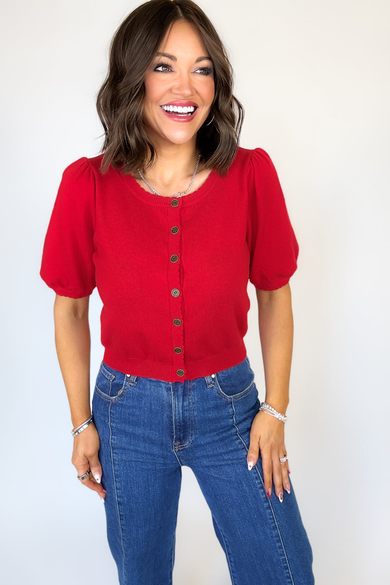 Ruby Red Puff Sleeve Sweater Cardigan