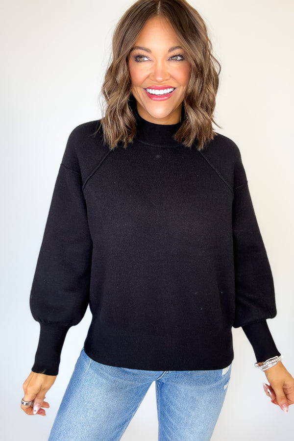 Viscose Black Mock Neck Exposed Seam Sweater