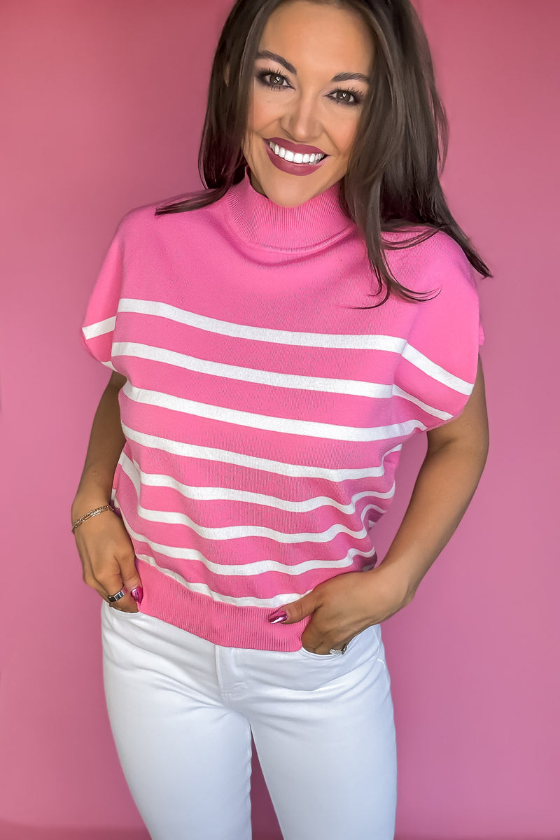 Bubble Gum Pink Short Sleeve Striped Sweater Top