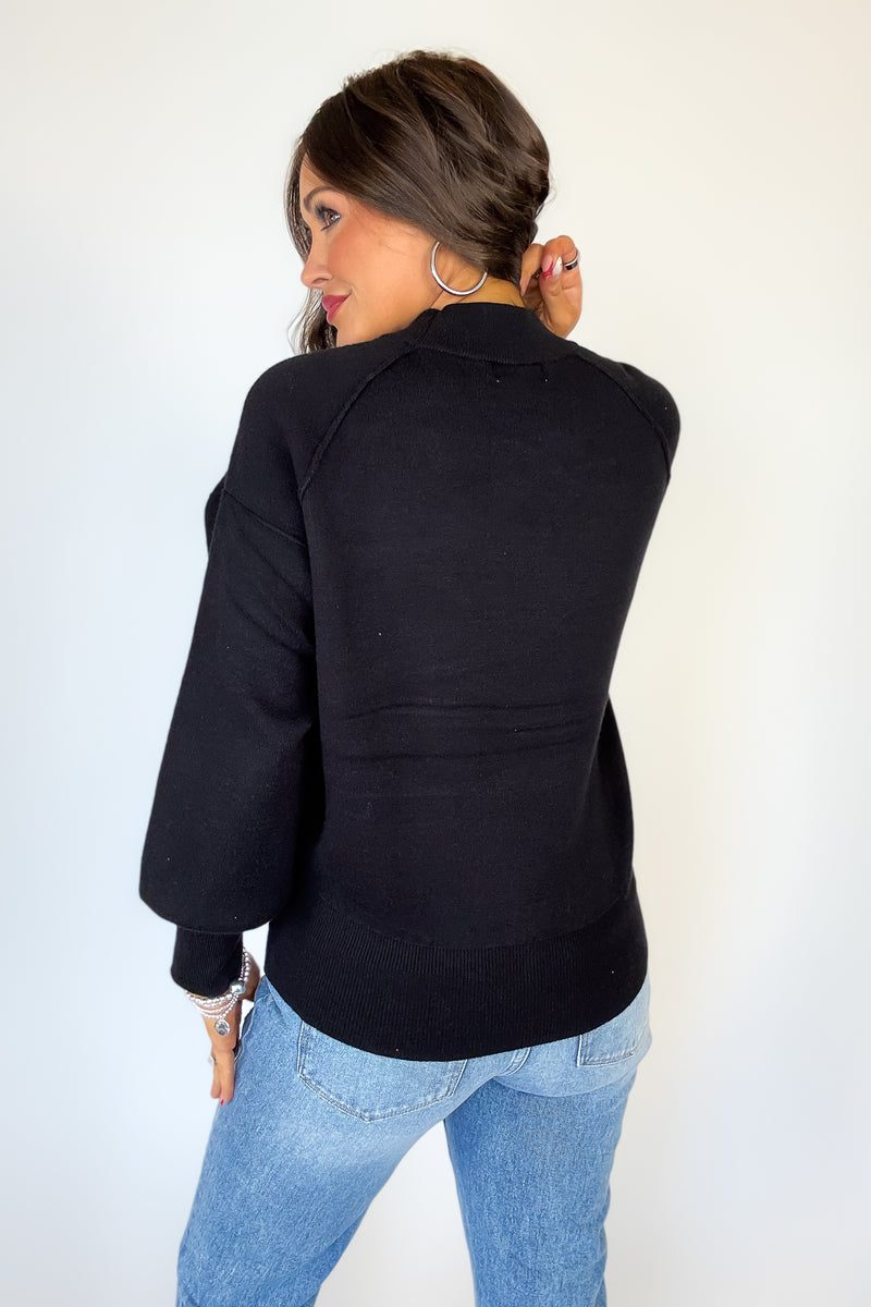 Viscose Black Mock Neck Exposed Seam Sweater