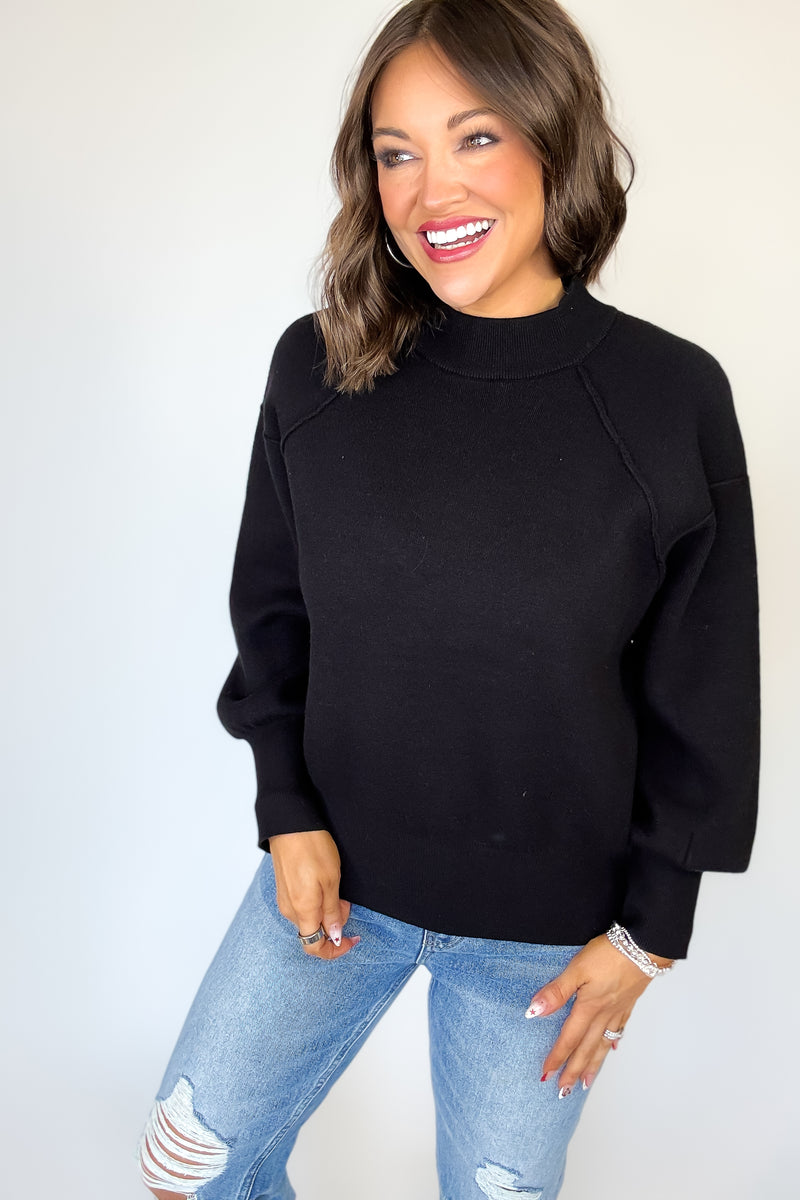 Viscose Black Mock Neck Exposed Seam Sweater