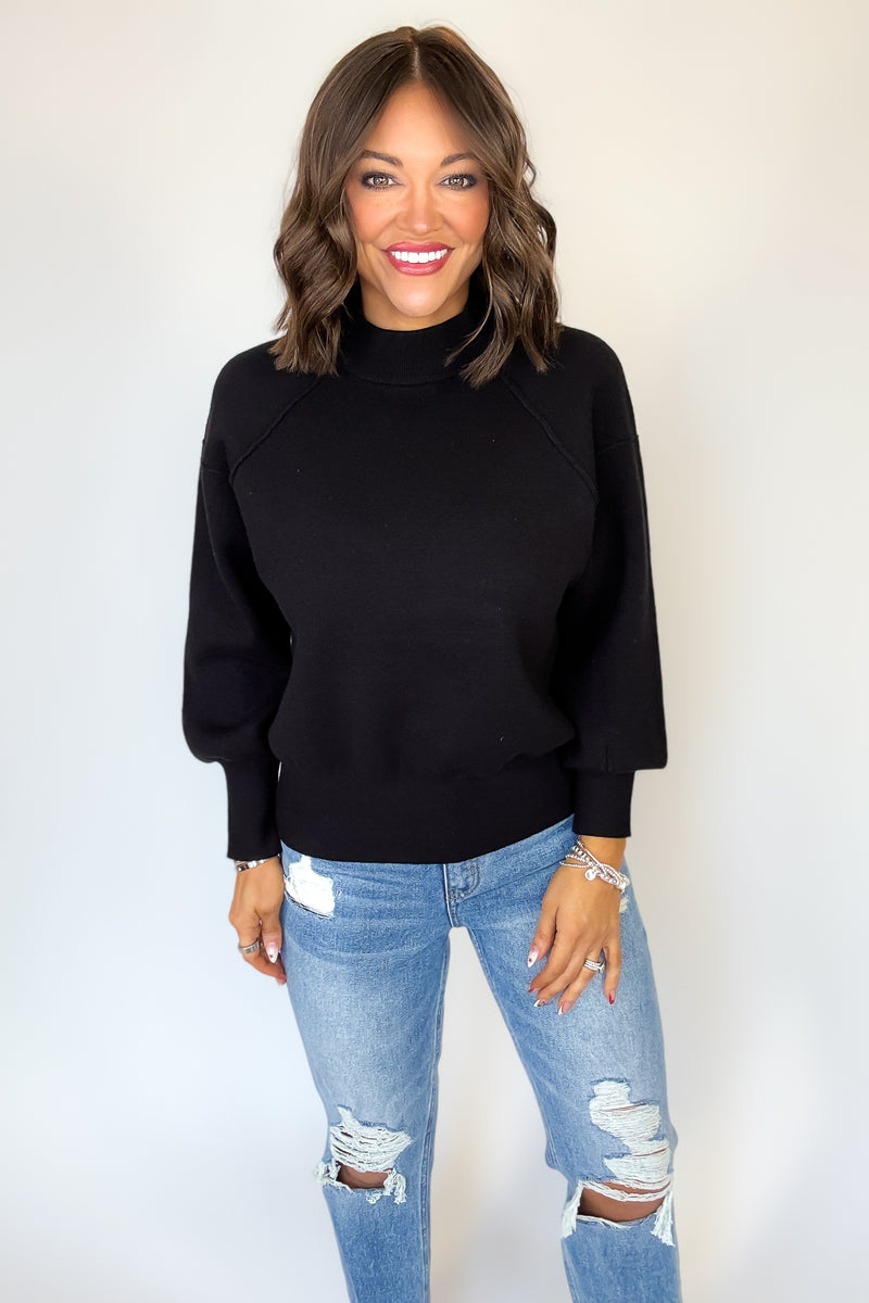Viscose Black Mock Neck Exposed Seam Sweater