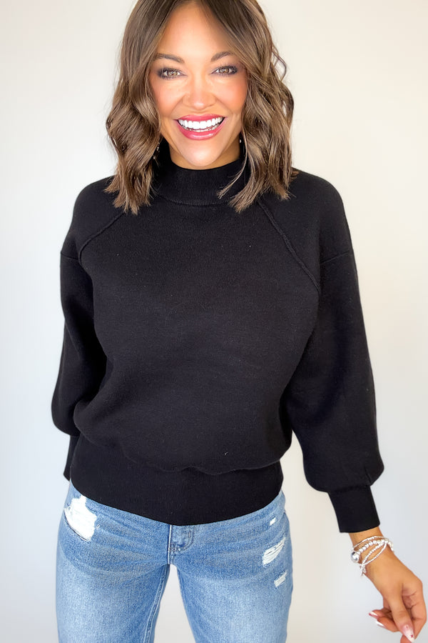 Viscose Black Mock Neck Exposed Seam Sweater
