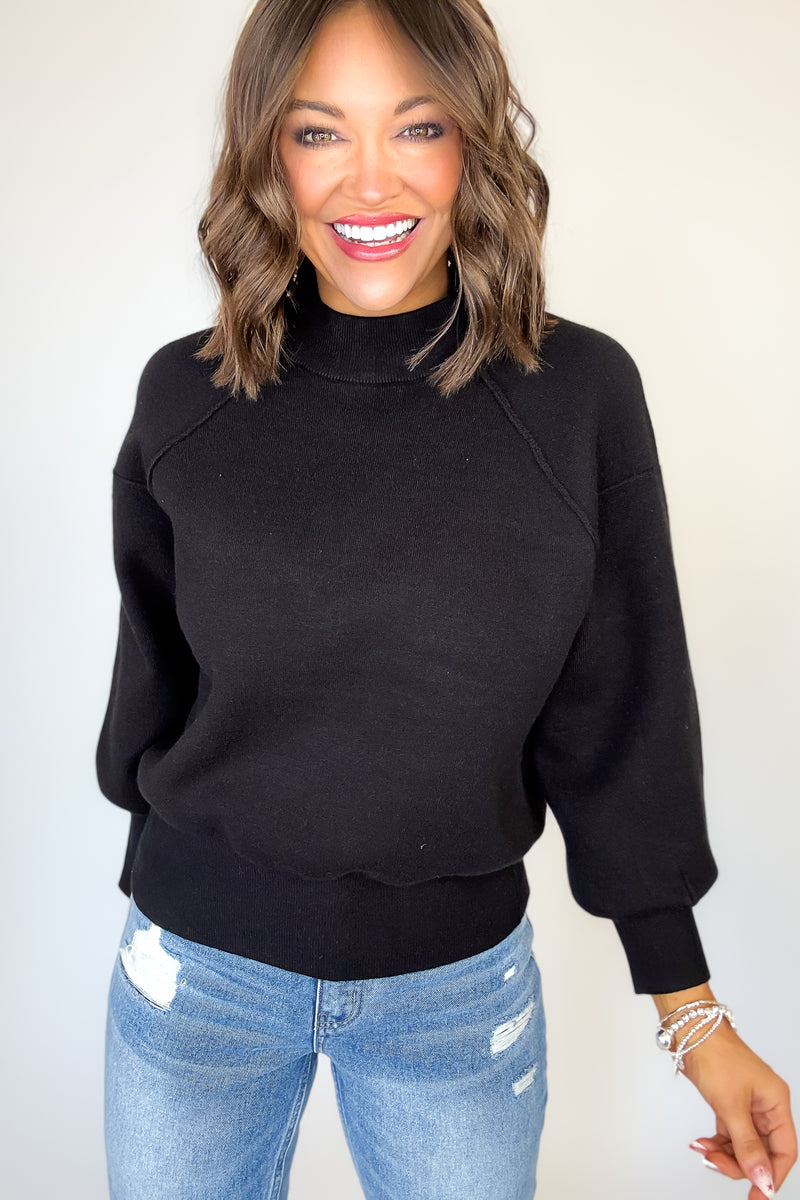 Viscose Black Mock Neck Exposed Seam Sweater