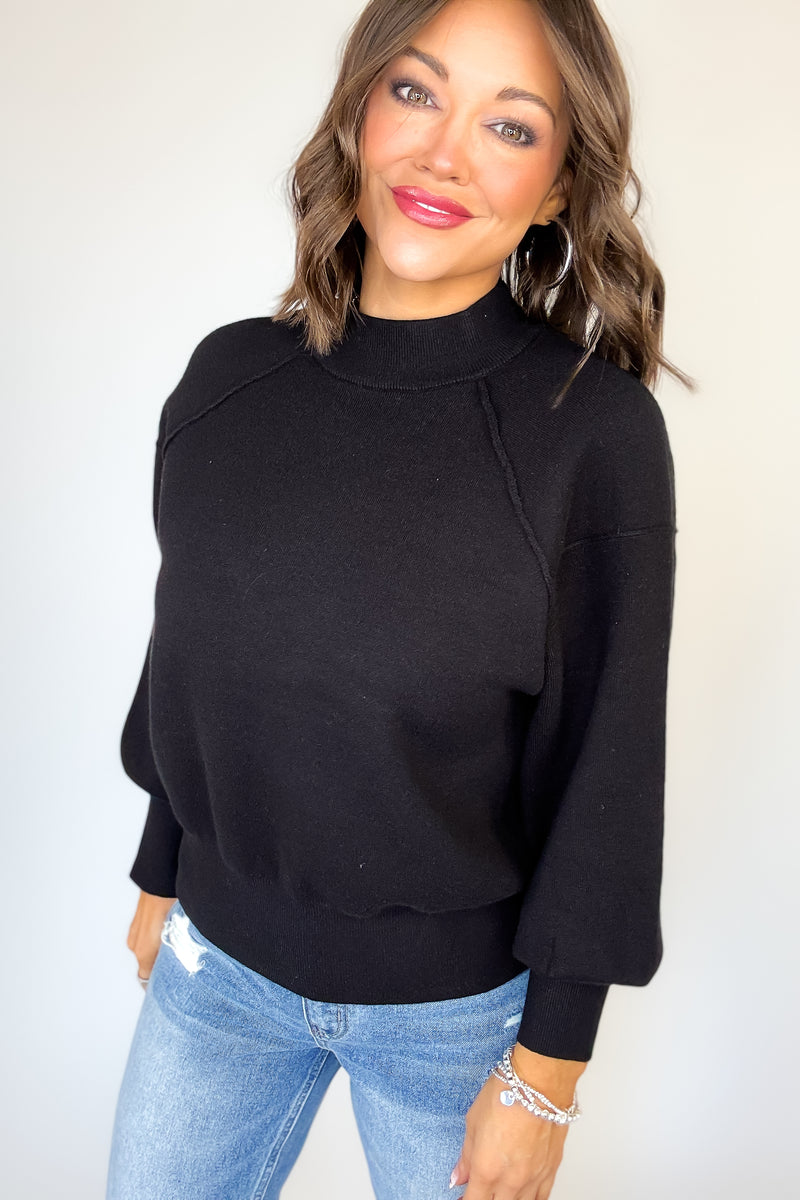 Viscose Black Mock Neck Exposed Seam Sweater