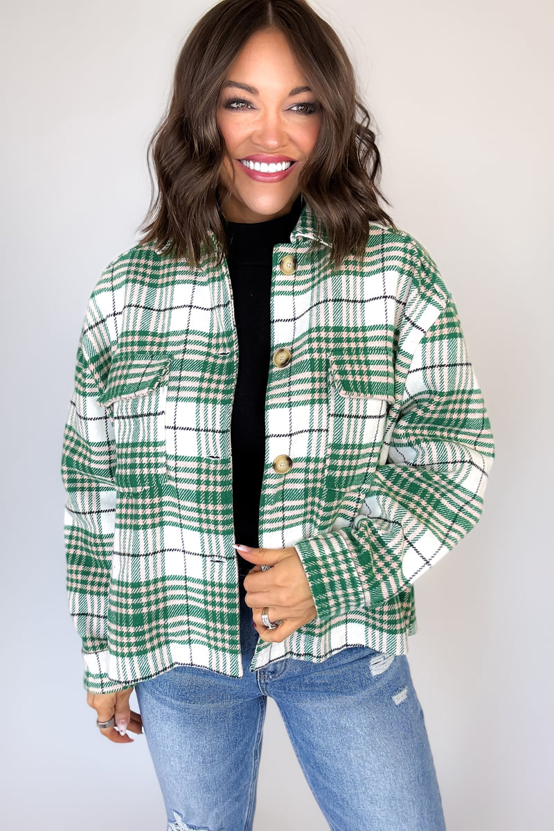 Green Flannel Plaid Brush Shacket