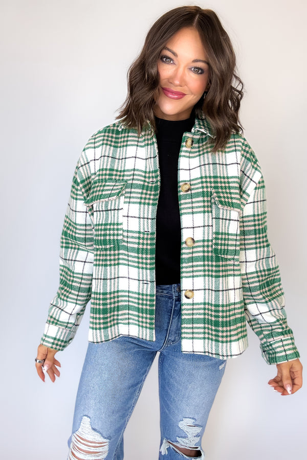 Green Flannel Plaid Brush Shacket