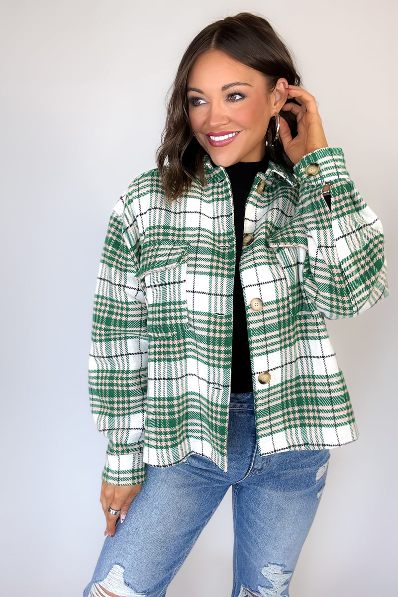 Green Flannel Plaid Brush Shacket