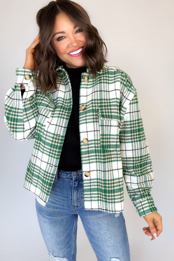 Green Flannel Plaid Brush Shacket