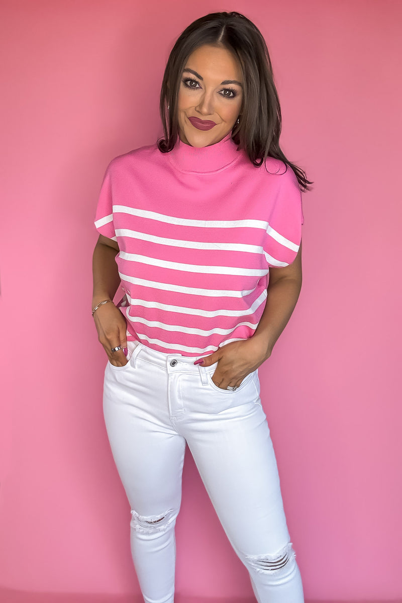 Bubble Gum Pink Short Sleeve Striped Sweater Top