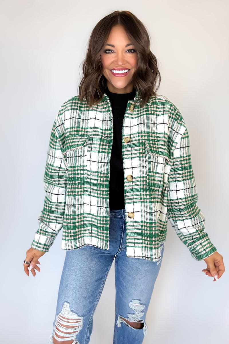 Green Flannel Plaid Brush Shacket