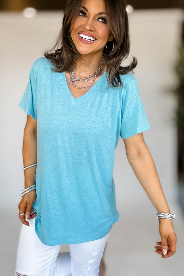 Just Relax Boyfriend Heather Light Teal V-Neck Tee